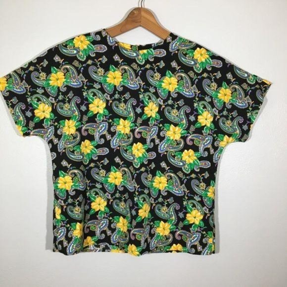 Vintage 80s Blouse, Bright Yellow Floral Short Sleeve Blouse, Dark Floral Blouse - Picture 2 of 11